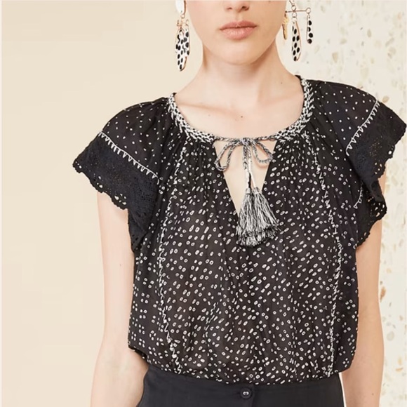 ULLA JOHNSON Rena Tie Front Top in Noir Size 0 Patchwork Black White Size XS‎ - Picture 1 of 17